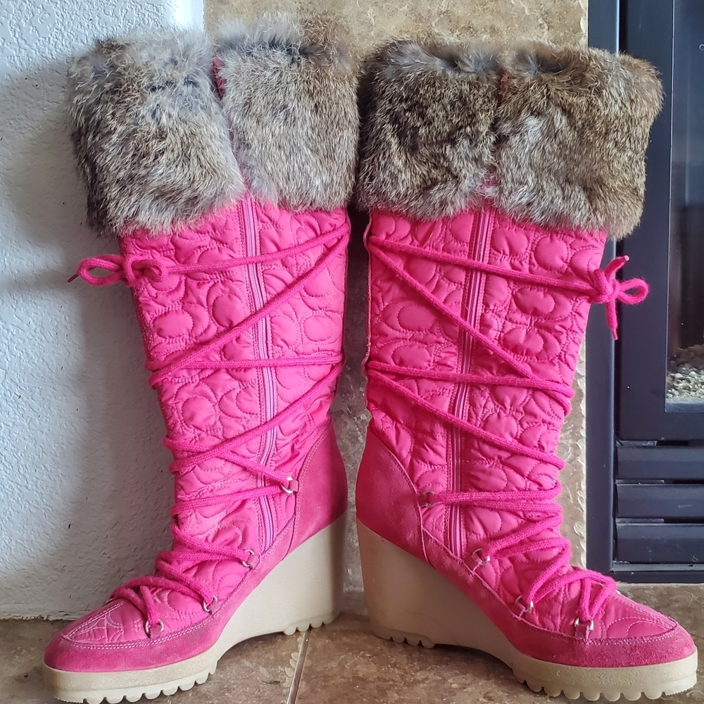 Coach Sofia boots 8 pink fur rabbit quilted heel p624